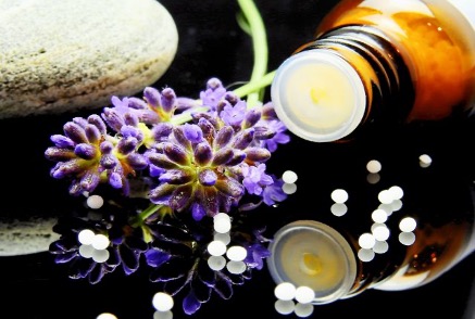 Homeopathic remedies, lavender flowers and natural ingredients